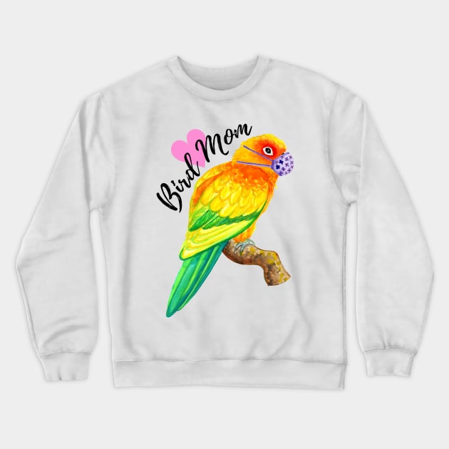 Bird Mom - Sun Conure Wearing Mask Crewneck Sweatshirt by IvyLilyArt